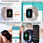 Nova Mart ECG+PPG smartwatch showing digital display, blood fat, uric acid levels, and Bluetooth call features.