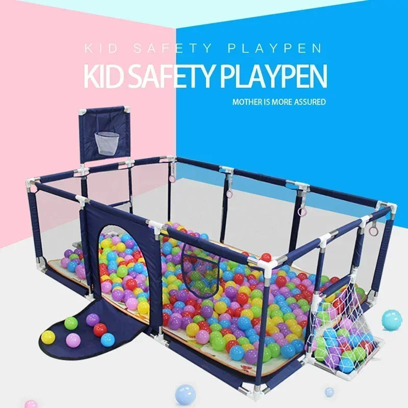 Baby playpen with steel pipes and ball box by Nova Mart, featuring a secure play area for toddlers with colorful balls.