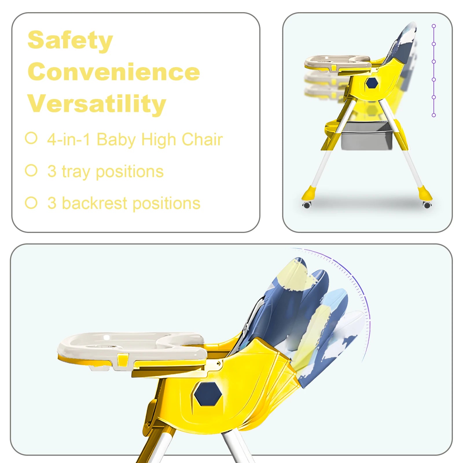 Foldable Nova Mart 4-in-1 baby high chair with toy rack, adjustable to 7 heights, featuring a safe, modern baby furniture design.