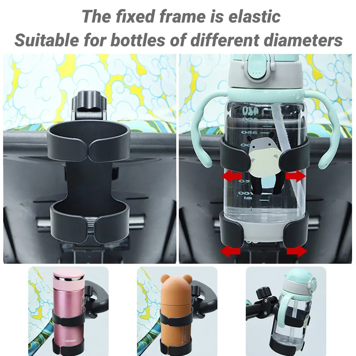 Universal baby stroller cup holder by Nova Mart attached to stroller frame, holding a water bottle and drink.