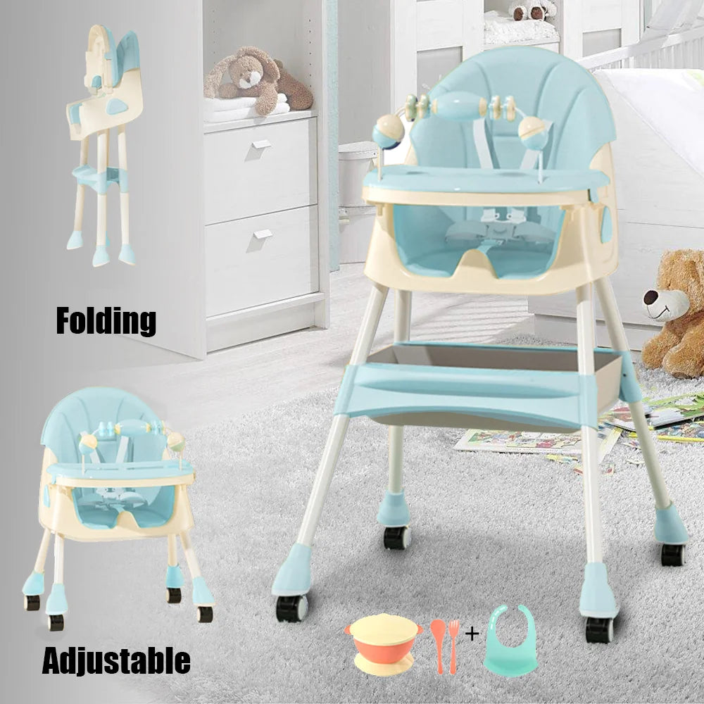 Foldable Nova Mart 4-in-1 baby high chair with 7 adjustable heights, toy rack, and safety features for comfortable feeding.