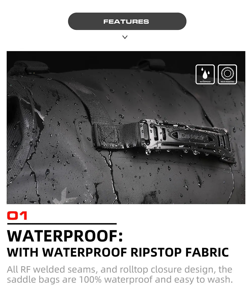 Waterproof motorcycle pannier saddle bags by Rhinowalk, designed for durability and secure storage on bikes.