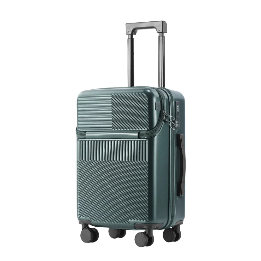 Nova Mart PC hardshell carry-on luggage with combination lock, durable design, and wheels for easy travel.