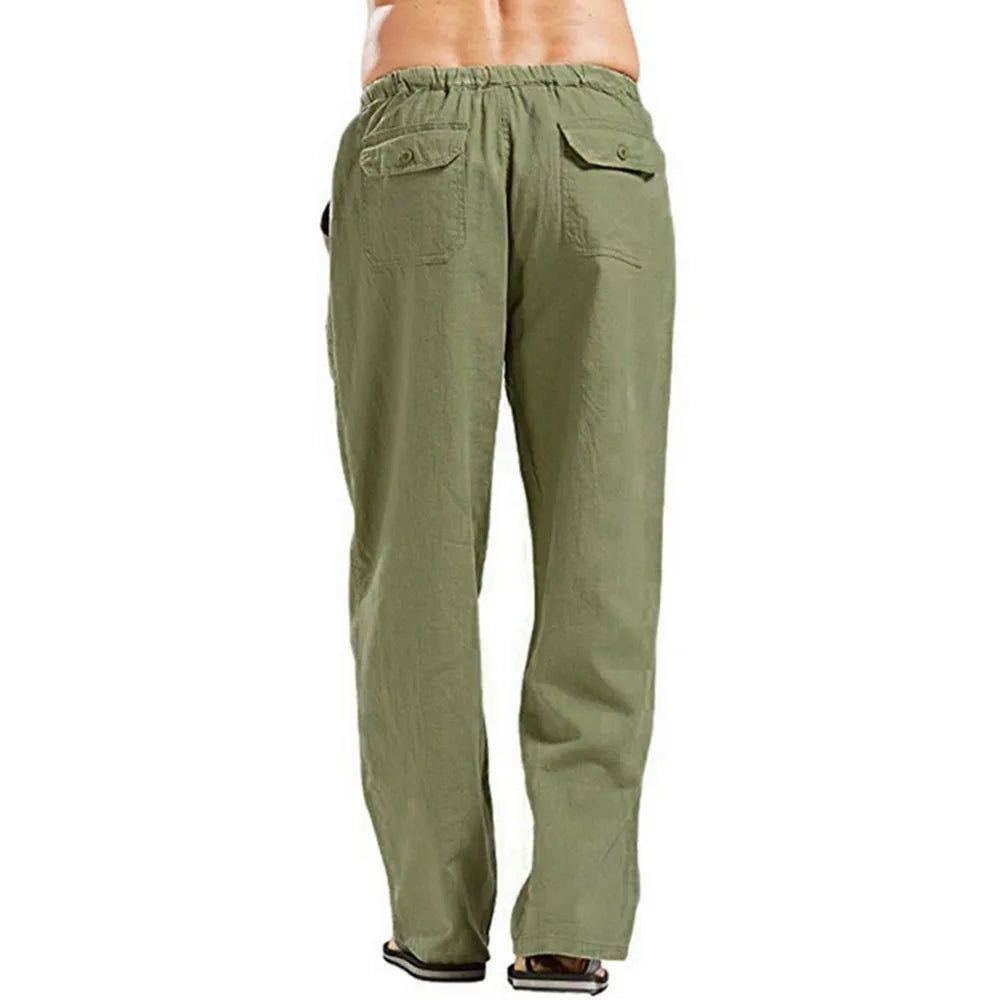 Men's cotton linen pants with elastic waistband from Nova Mart, perfect for summer, featuring lightweight, breathable fabric.
