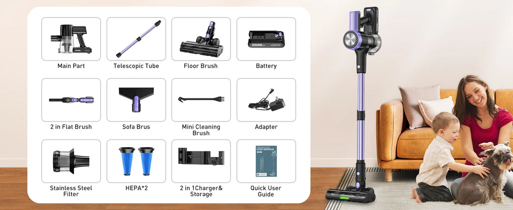Cordless vacuum cleaner by Nova Mart with 500W power, smart LED screen, and 55Kpa suction, shown standing upright.
