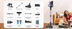 Cordless vacuum cleaner by Nova Mart with 500W power, smart LED screen, and 55Kpa suction, shown standing upright.