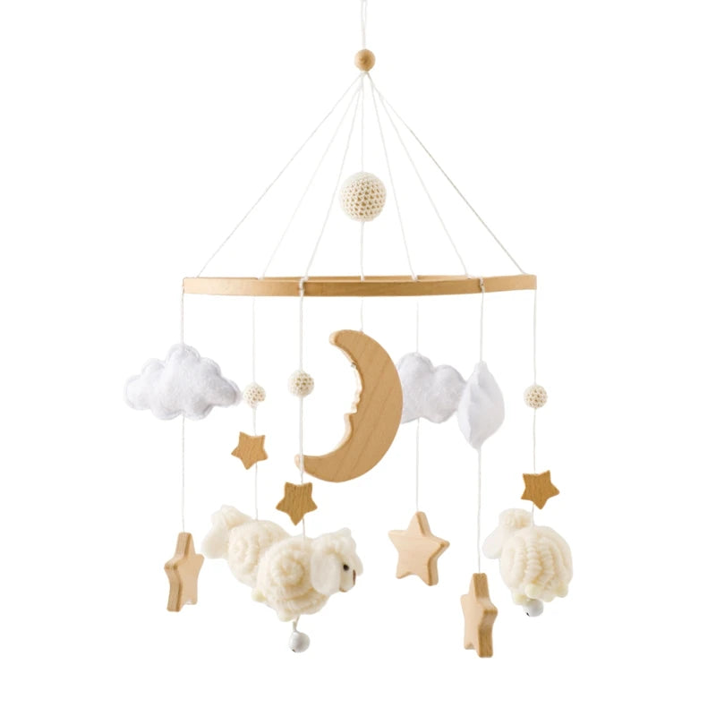 Wooden crochet stars baby crib mobile with bell rattle toy, Nova Mart baby toy for soothing and entertainment in the nursery.