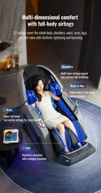 Nova Mart 4D Zero Gravity Massage Chair with voice control and Bluetooth, showing the sleek black design and remote control features.