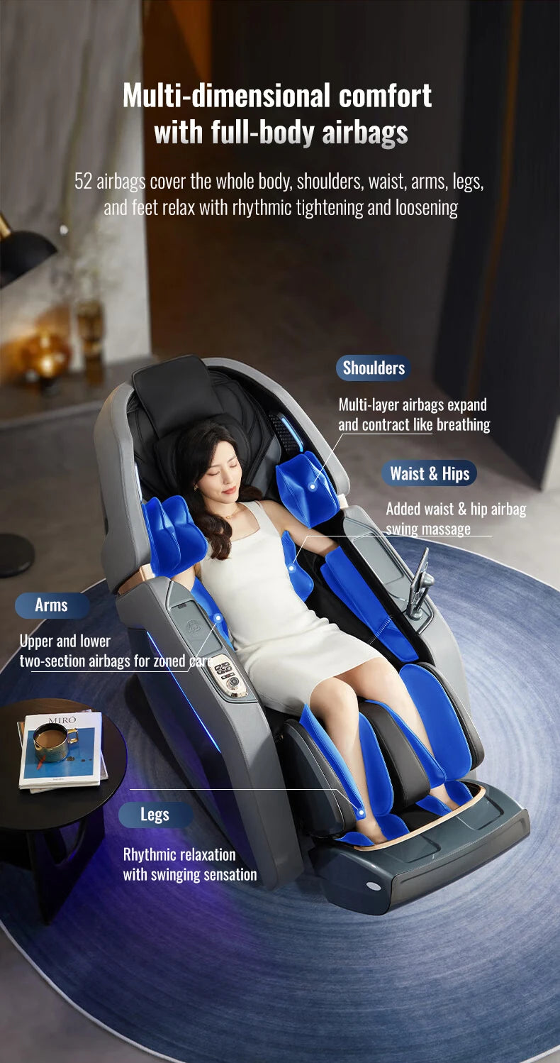 Nova Mart 4D Zero Gravity Massage Chair with voice control and Bluetooth, showing the sleek black design and remote control features.
