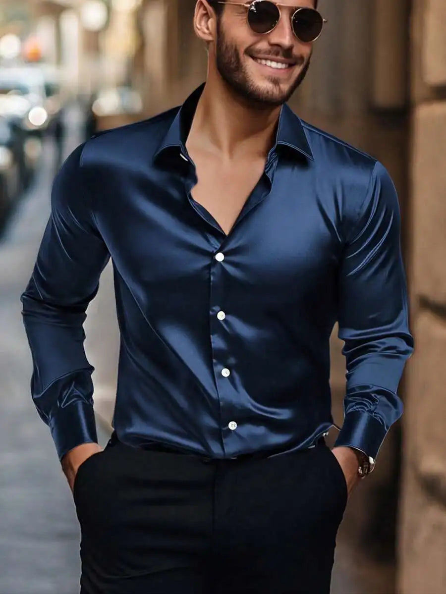 Men's solid satin casual long sleeve shirt by Nova Mart, featuring a smooth fabric and classic fit in a stylish design.