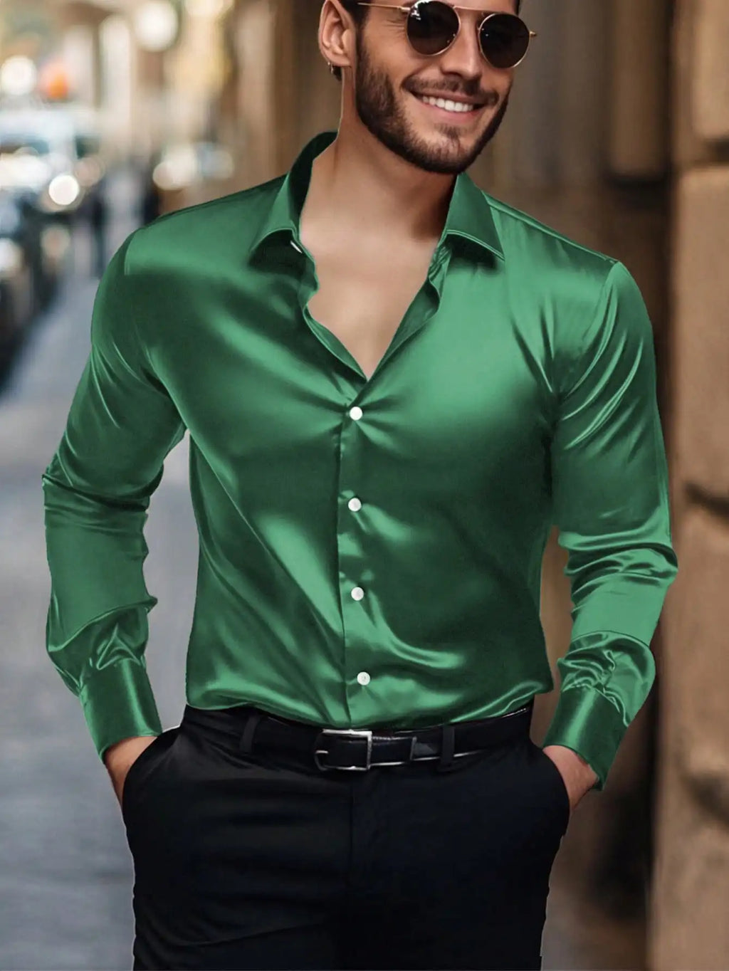 Men's solid satin casual long sleeve shirt by Nova Mart, showcasing smooth fabric and classic fit in a relaxed style.