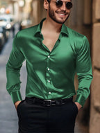 Men's solid satin casual long sleeve shirt by Nova Mart, showcasing smooth fabric and classic fit in a relaxed style.