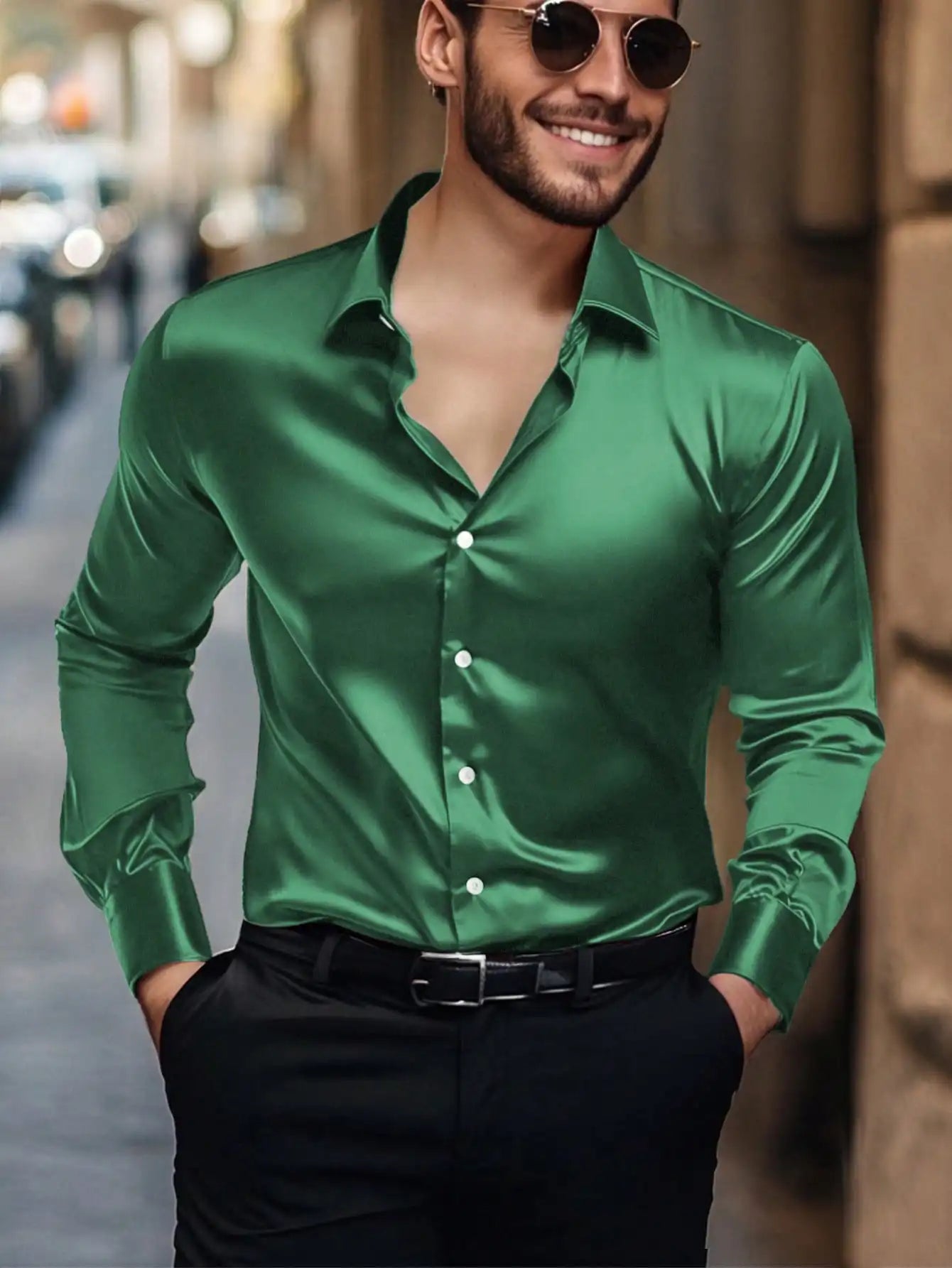 Men's solid satin casual long sleeve shirt by Nova Mart, showcasing smooth fabric and classic fit in a relaxed style.