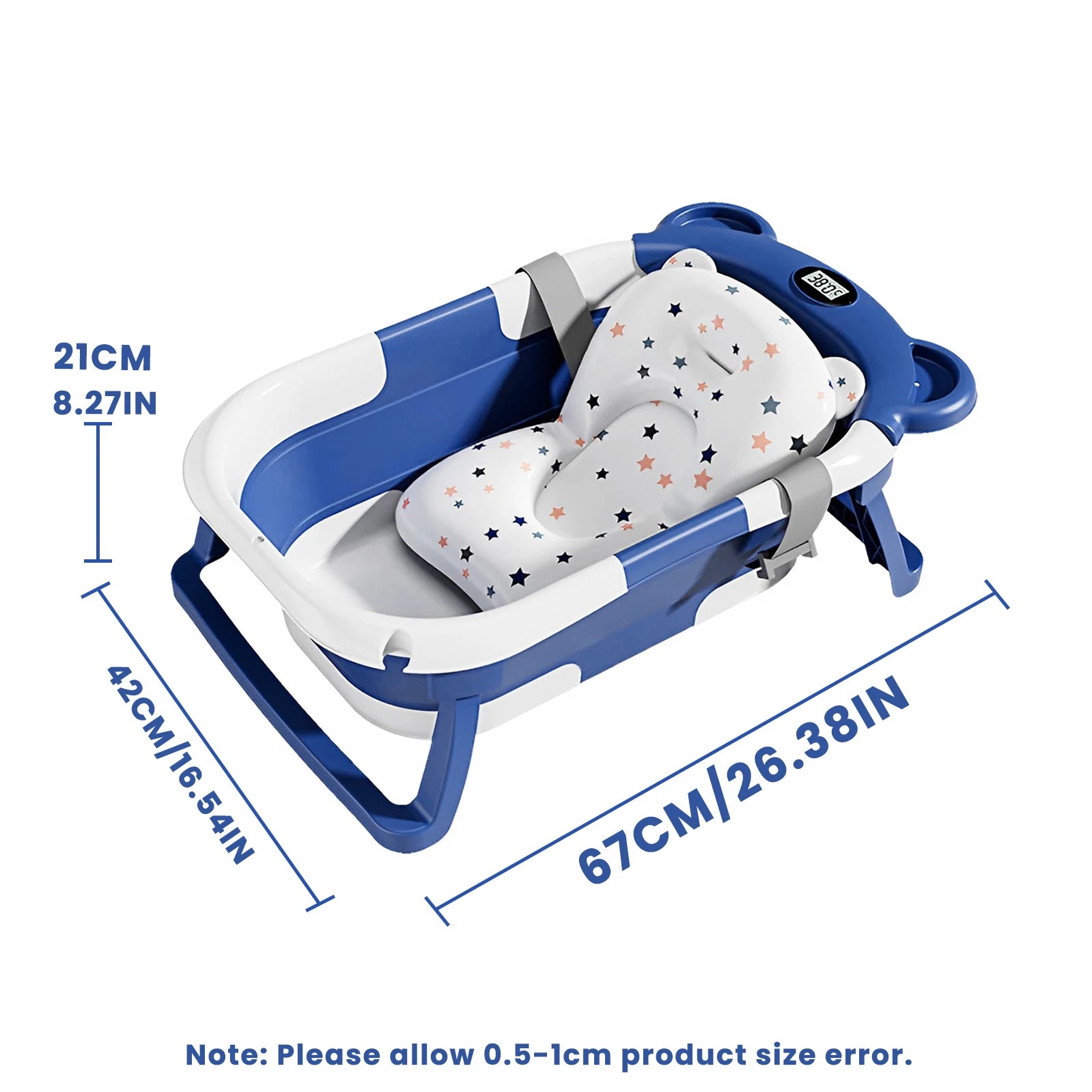 Collapsible baby bathtub with thermometer and floating cushion, Nova Mart, shown with soft padded support and compact design.