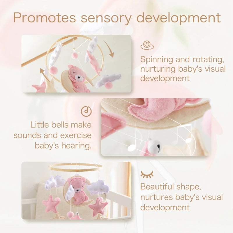 Wooden baby mobile and crib bell rattle toy by Nova Mart, featuring colorful hanging figures and a gentle music box for newborns.