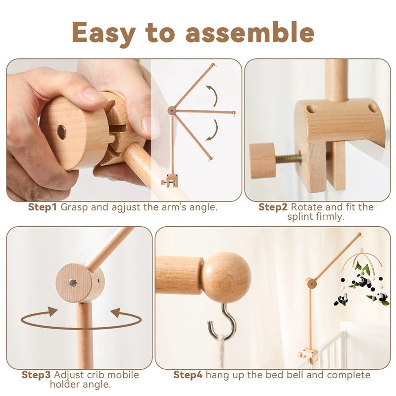 Baby wooden crib mobile with cloud-shaped hanging rattle toy and bracket, designed for infant cribs by Nova Mart.