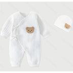 Nova Mart 100% cotton newborn baby romper with cartoon bear design and matching hat, soft and comfortable baby clothing.