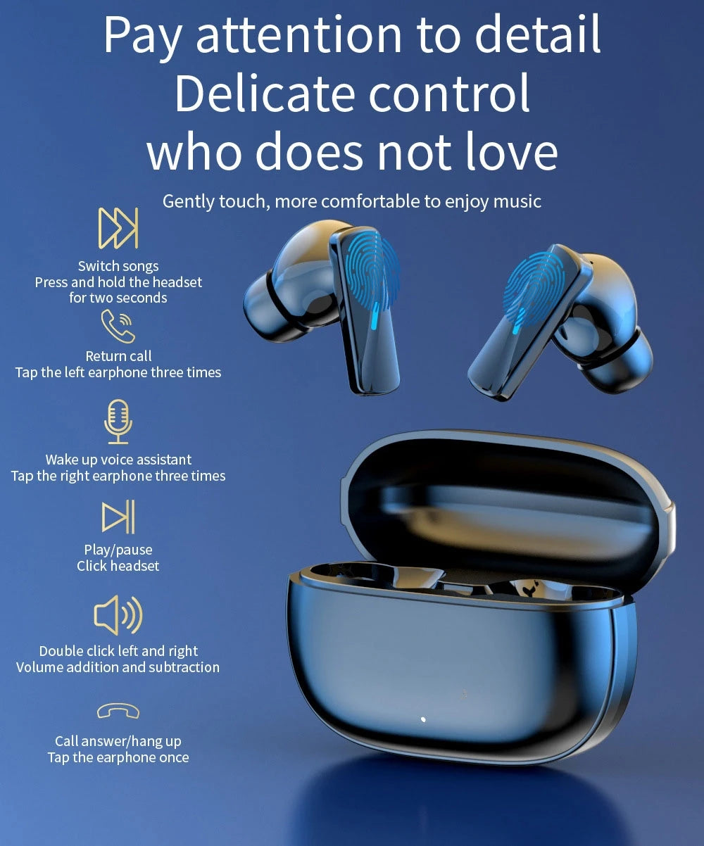 Nova Mart TWS ANC earbuds with HiFi stereo sound, touch control, and 30-hour battery life, shown in a sleek black design.