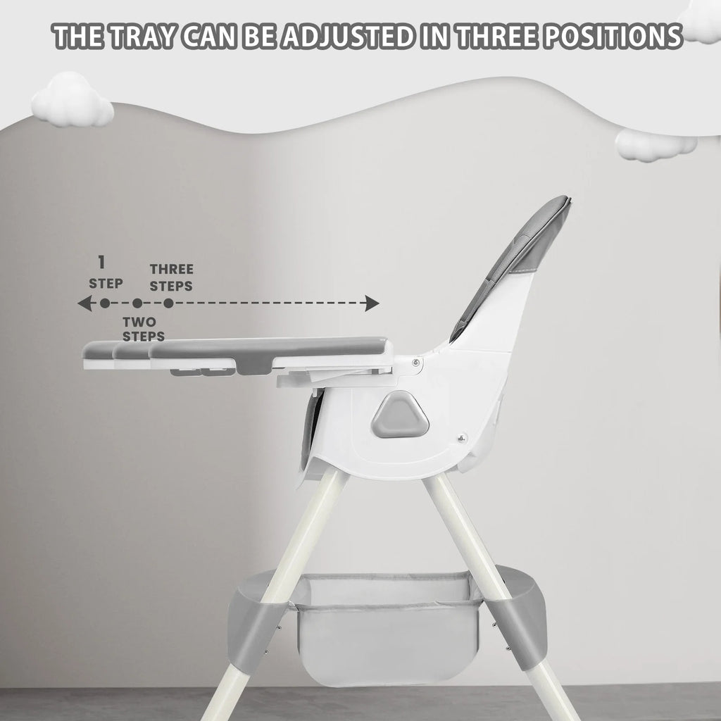 Foldable Nova Mart baby high chair with antislip pad and toy rack, showing a compact, safe baby furniture piece with colorful toys attached.