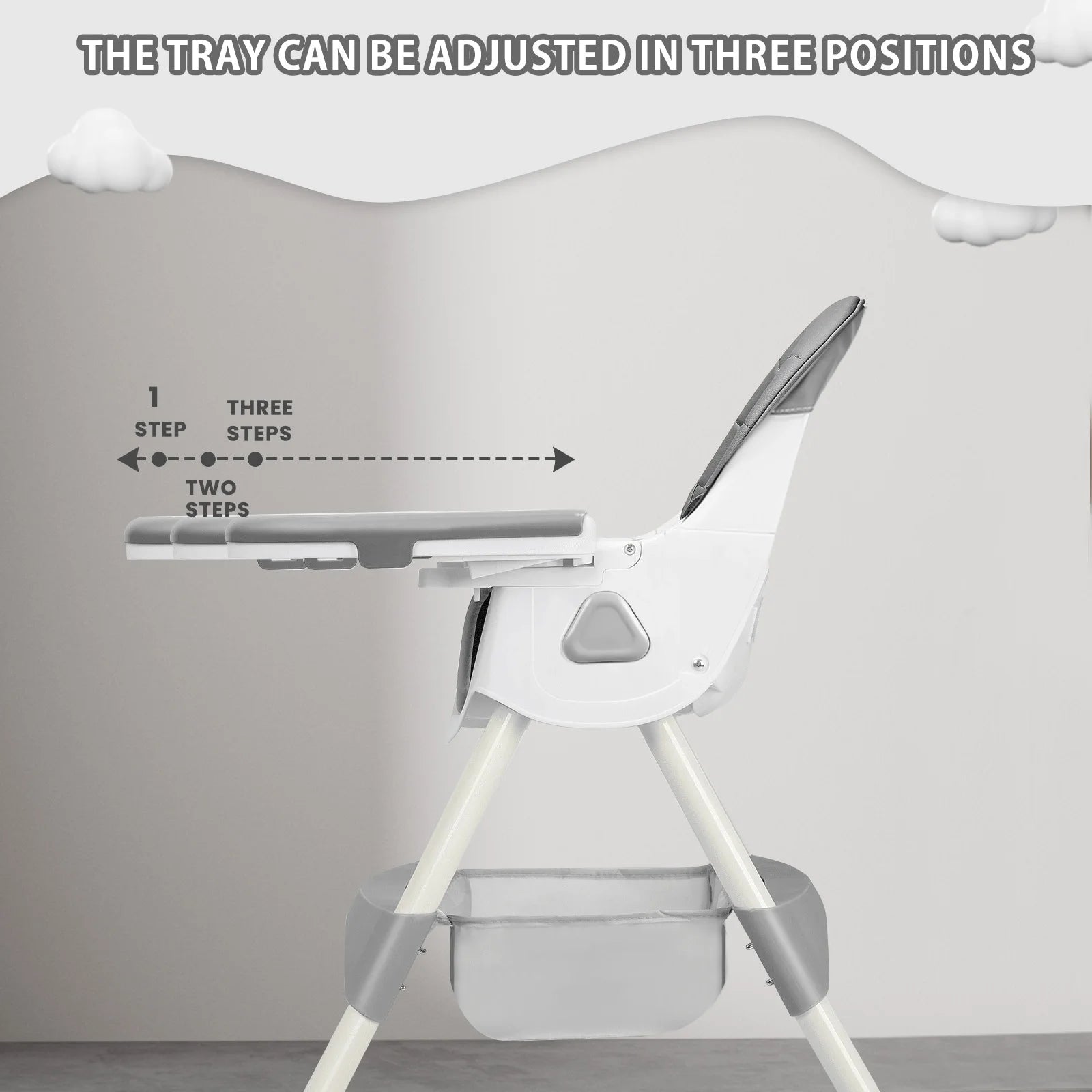 Foldable Nova Mart baby high chair with antislip pad and toy rack, showing a compact, safe baby furniture piece with colorful toys attached.