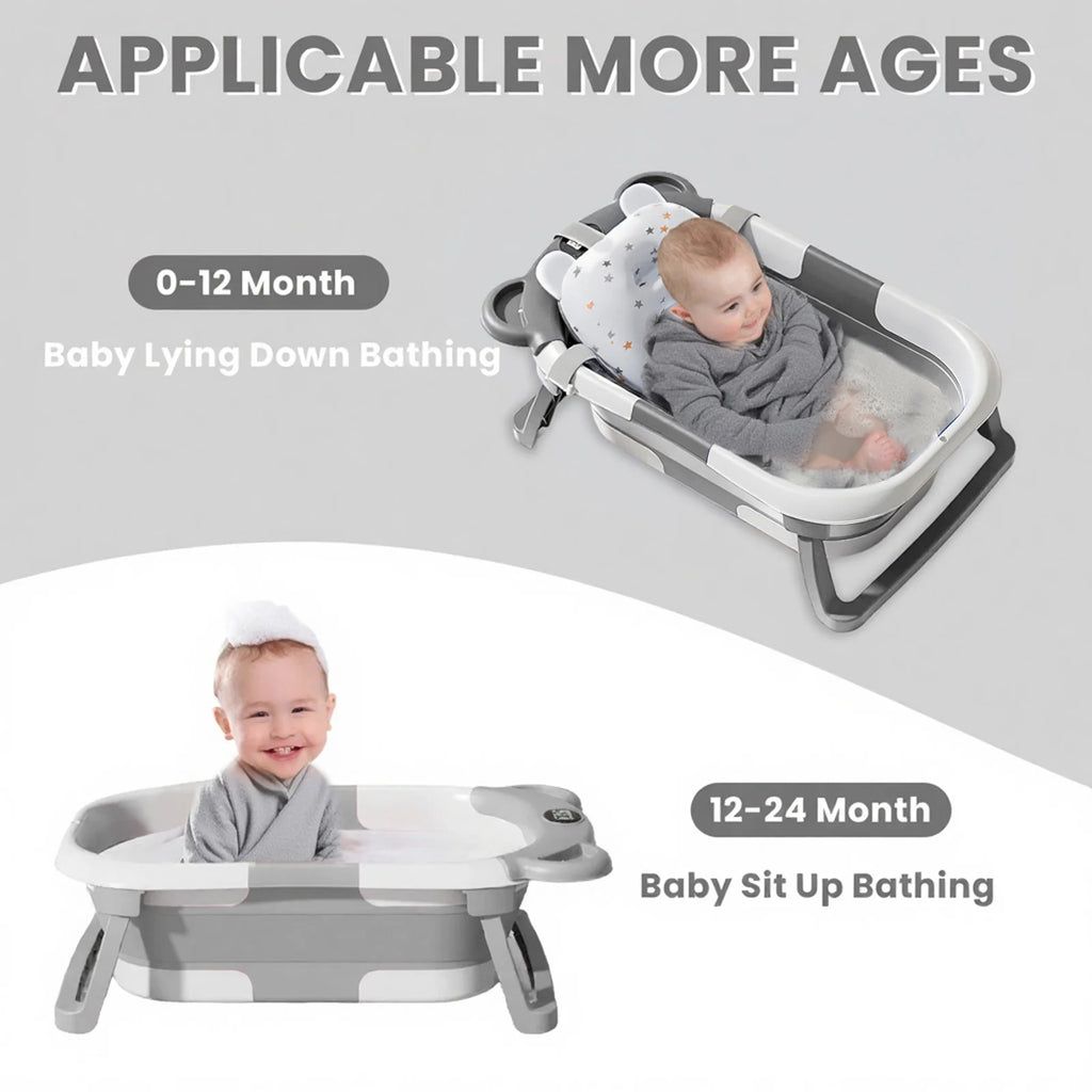 Collapsible baby bathtub from Nova Mart with built-in thermometer and floating cushion, designed for safe and comfortable bath time.