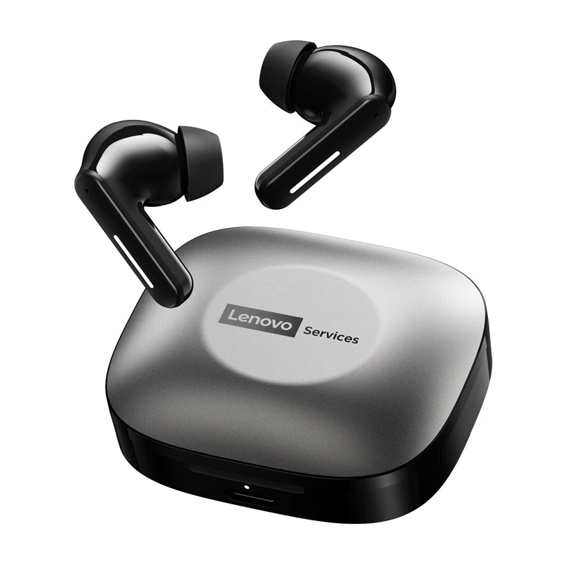 Lenovo LE209 ANC earbuds with HiFi 12mm drivers, sleek black design, and charging case, showing earbud and case close-up.