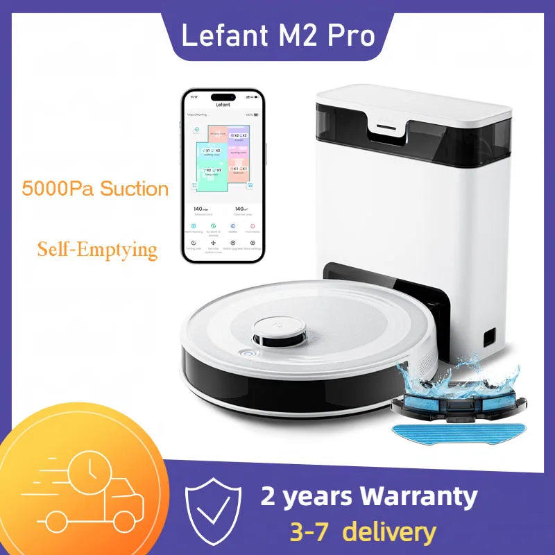 Nova Mart Lefant M2 Pro robot vacuum and mop with 5500Pa suction, LiDAR navigation, sleek design, and multiple cleaning modes.
