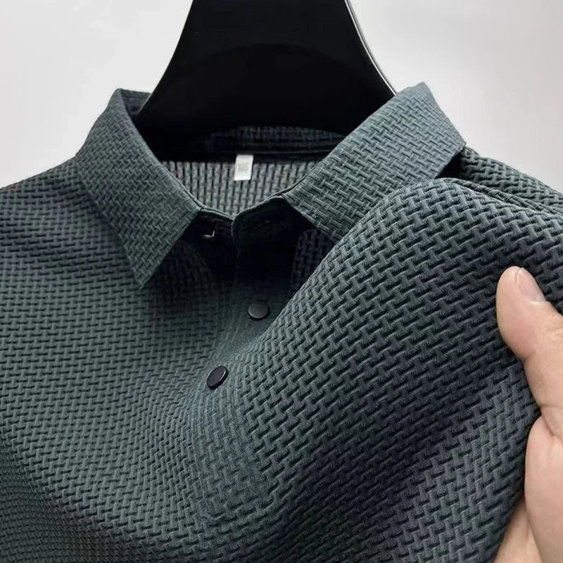 Men's business casual bone-colored polo shirt with a floral pattern from Nova Mart, shown on a mannequin.