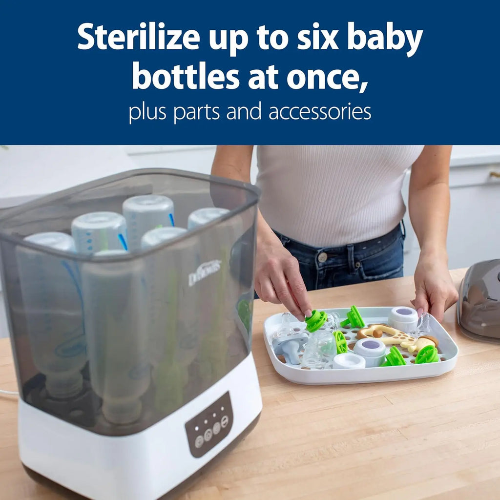 Nova Mart All-in-One Baby Bottle Sterilizer and Dryer showing sterilized bottles and drying rack for newborn essentials.