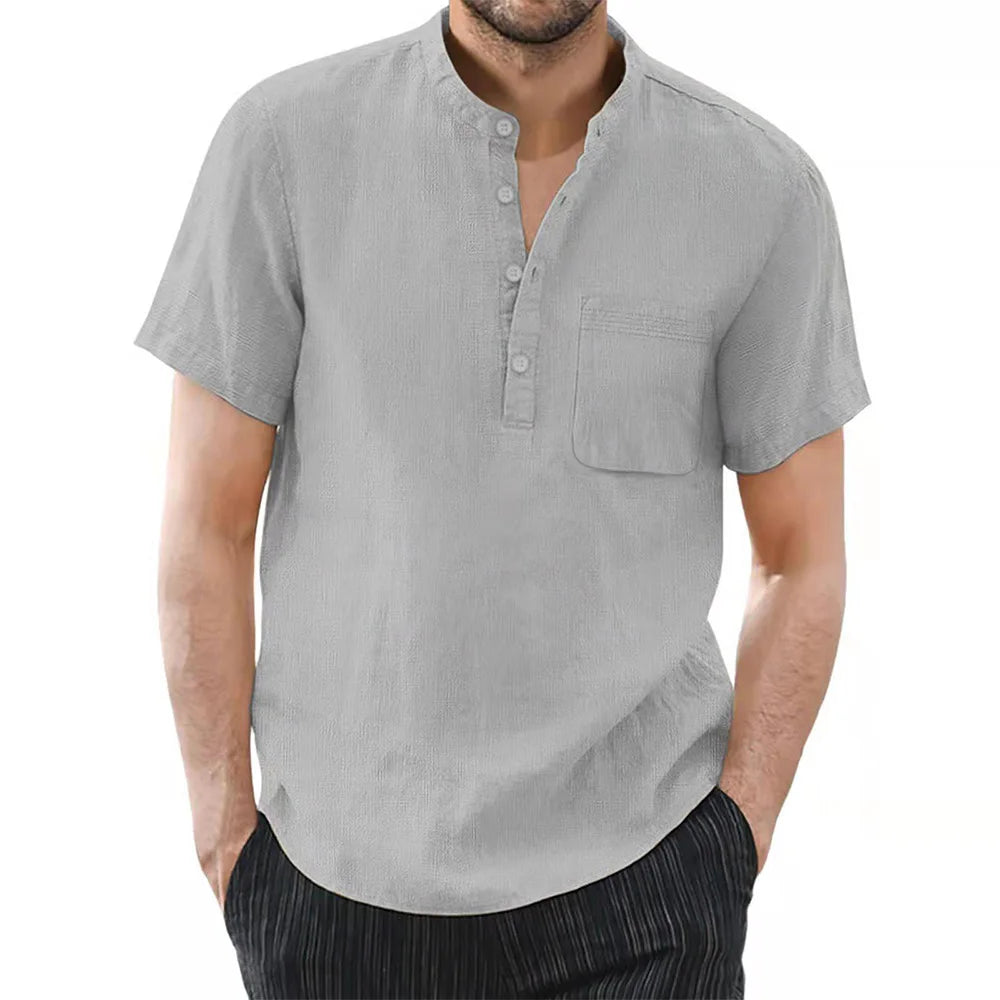 Men's cotton linen short sleeve T-shirt in solid color, breathable summer casual shirt by Nova Mart