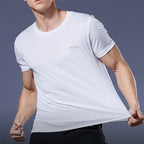 Men's Nova Mart high elastic ice silk T-shirt with quick-dry fabric, shown in a sleek, fitted style perfect for active wear.