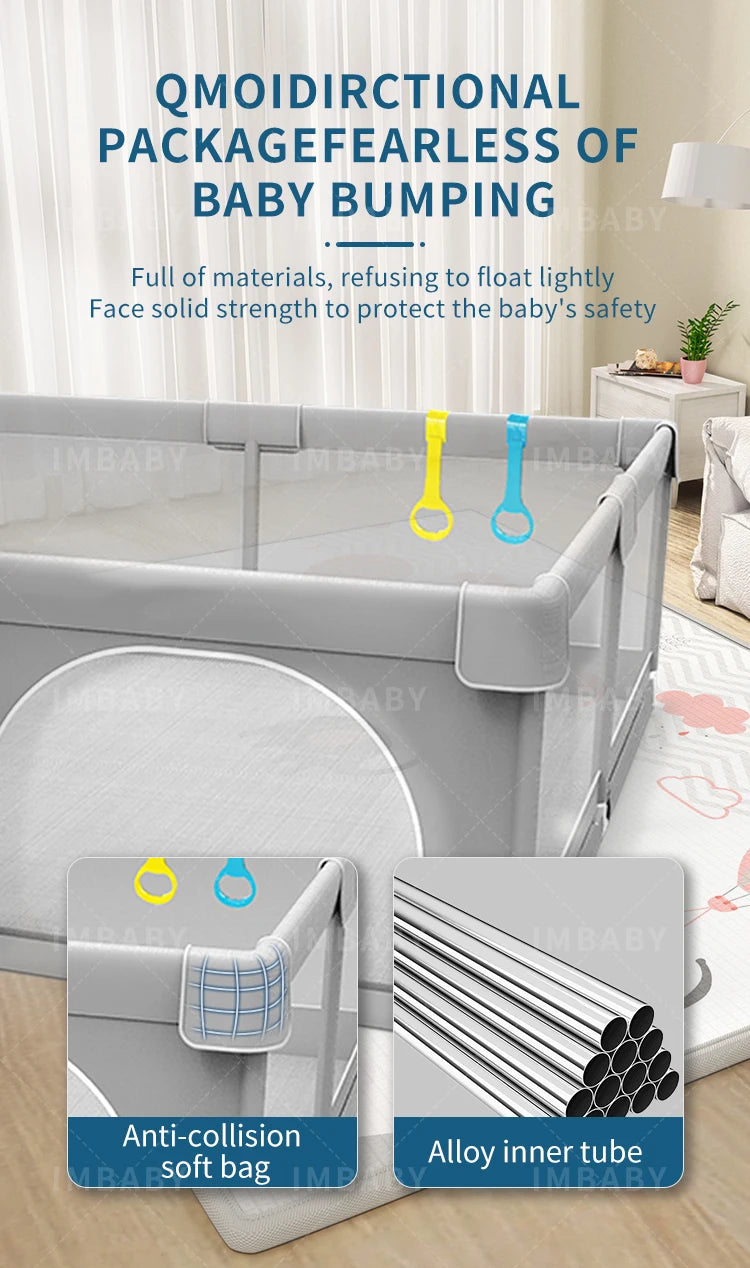 Light gray Nova Mart IMBABY baby playpen with pull ring and ball box, safe enclosed play area for infants.