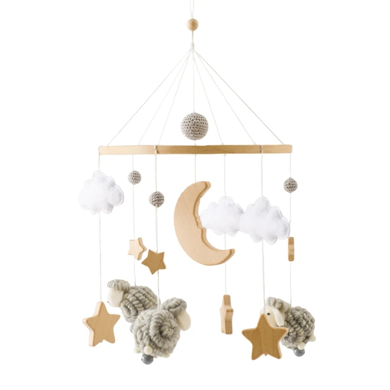 Wooden crochet stars baby crib mobile with bell rattle toy, Nova Mart baby toy for soothing and entertainment.