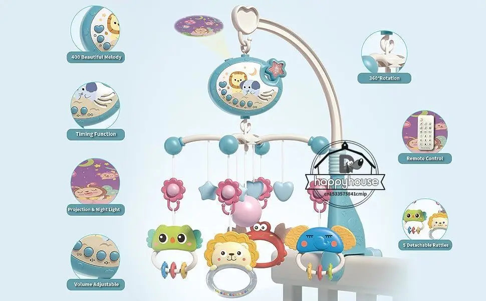 Baby crib mobile with lights, music, and projection from Nova Mart, featuring colorful toys and a remote control for soothing entertainment.