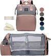 Pink Nova Mart diaper backpack with changing station, featuring multiple compartments and adjustable straps for moms.