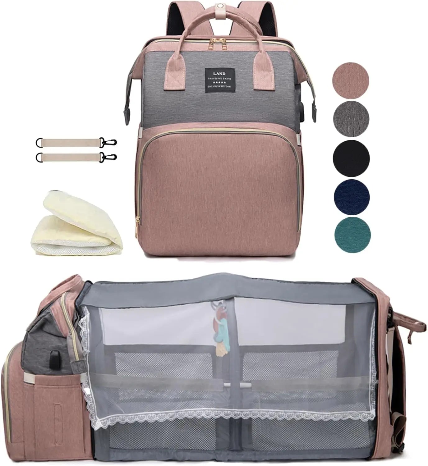 Pink Nova Mart diaper backpack with changing station, featuring multiple compartments and adjustable straps for moms.