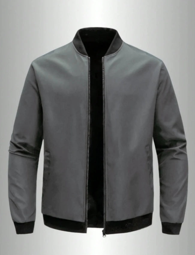 Men's loose solid color jacket with baseball collar by Nova Mart, front view showing casual fit and simple design.
