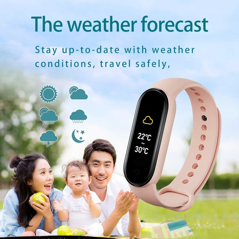 Nova Mart M7 Smart Band showing heart rate monitor, fitness tracking, and customizable dials on sleek smart watch display.