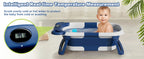 Collapsible baby bathtub with thermometer and floating cushion, Nova Mart, showing the compact design and soft padding inside.