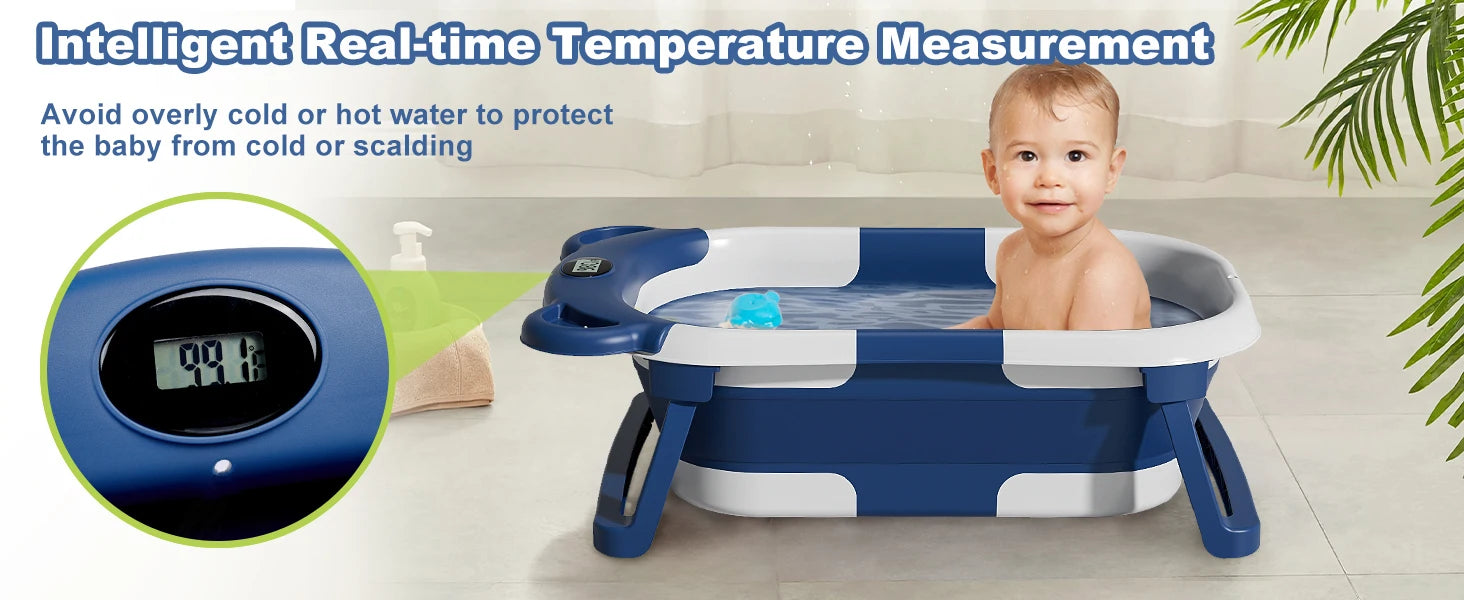 Collapsible baby bathtub with thermometer and floating cushion, Nova Mart, showing the compact design and soft padding inside.