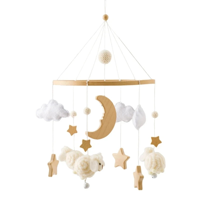 Wooden baby crib rattle toy with crochet bed bell bracket for infants 0-12 months, designed by Nova Mart.