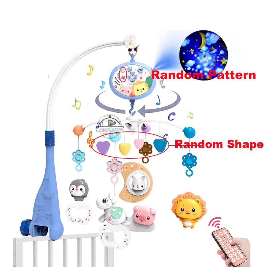 Baby crib mobile with lights, music, and projection by Nova Mart, featuring colorful toys and remote control for soothing entertainment.