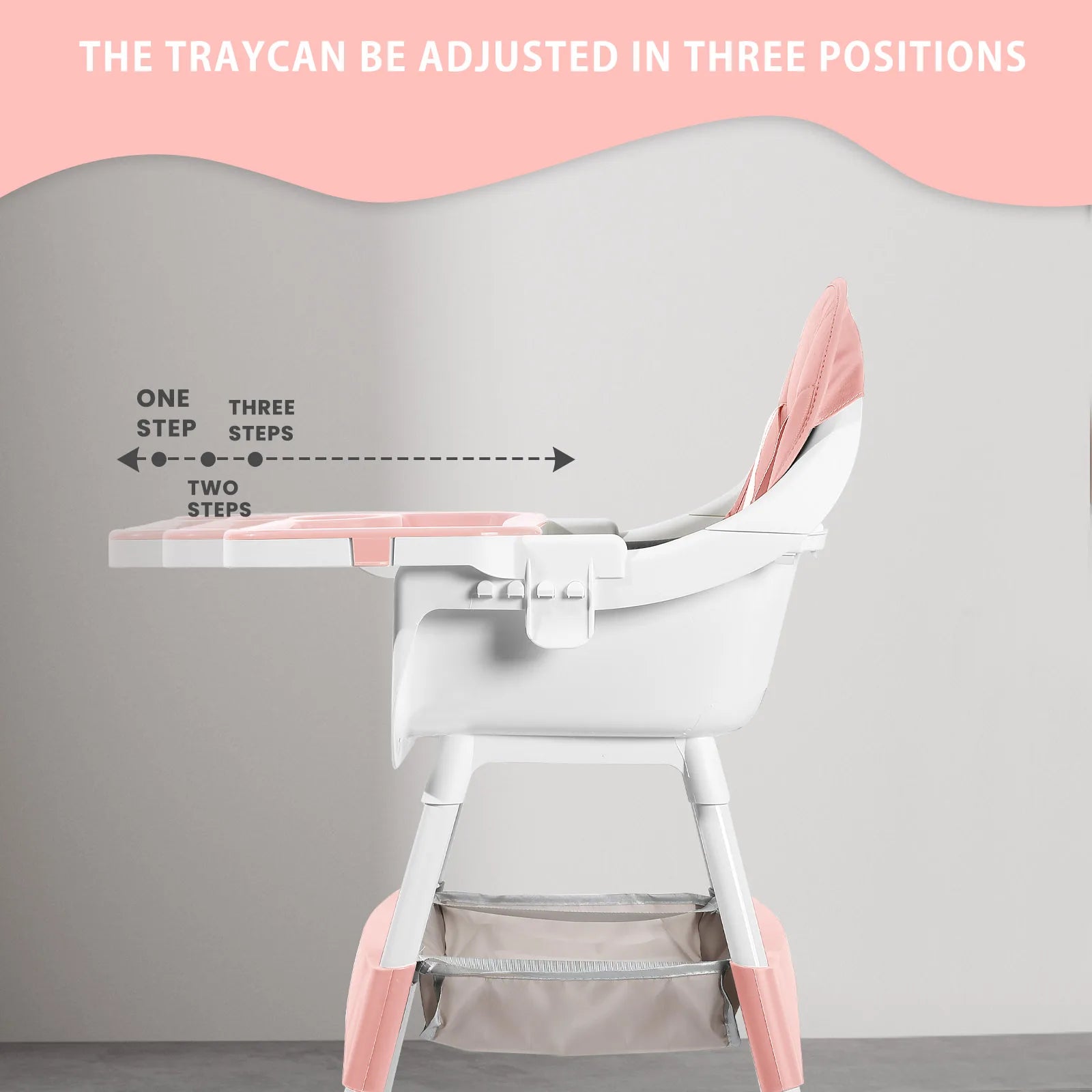 Nova Mart portable convertible baby high chair with toy rack and double dinner plate, ideal for feeding and play.
