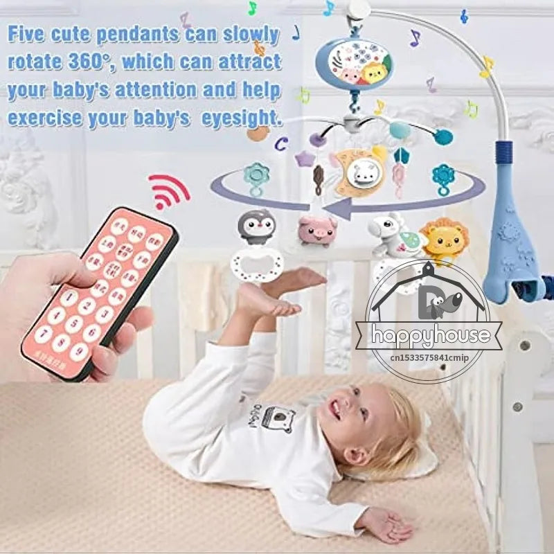 Baby crib mobile with lights, music, and projection by Nova Mart, featuring colorful plush toys and remote control functionality.