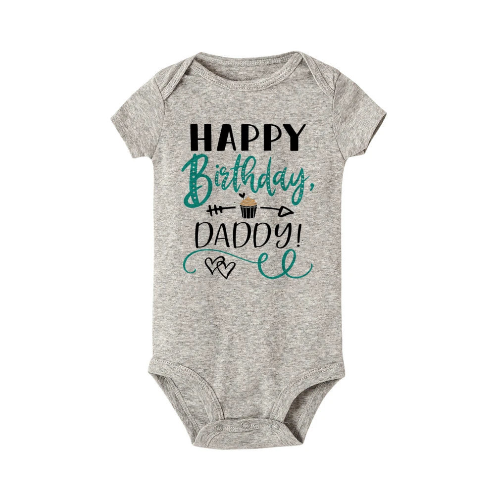 Baby bodysuit by Nova Mart featuring "Happy Birthday Daddy" print, short sleeve summer romper for little ones.