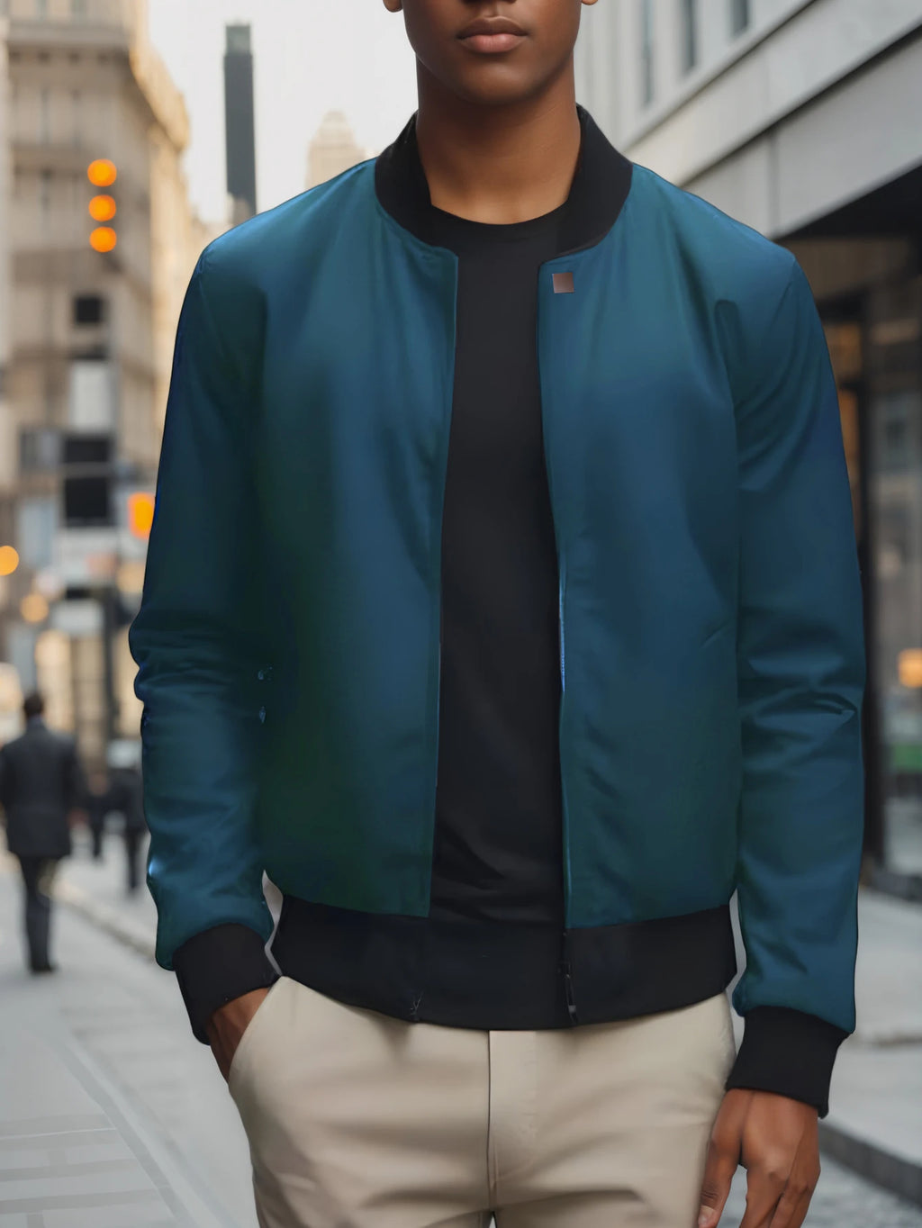 Men's loose fit solid color jacket with baseball collar by Nova Mart, shown in a casual style on a model.
