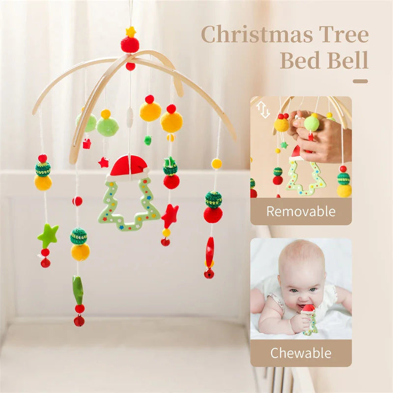 Wooden baby crib mobile with animal felt dolls and music, Nova Mart baby toy for infants and nursery decor.