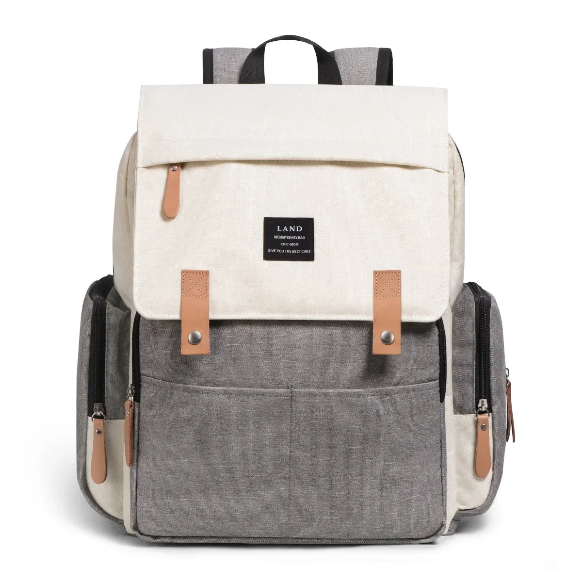 Nova Mart denim baby diaper bag backpack with thermal bottle pocket, featuring multiple compartments and adjustable straps.