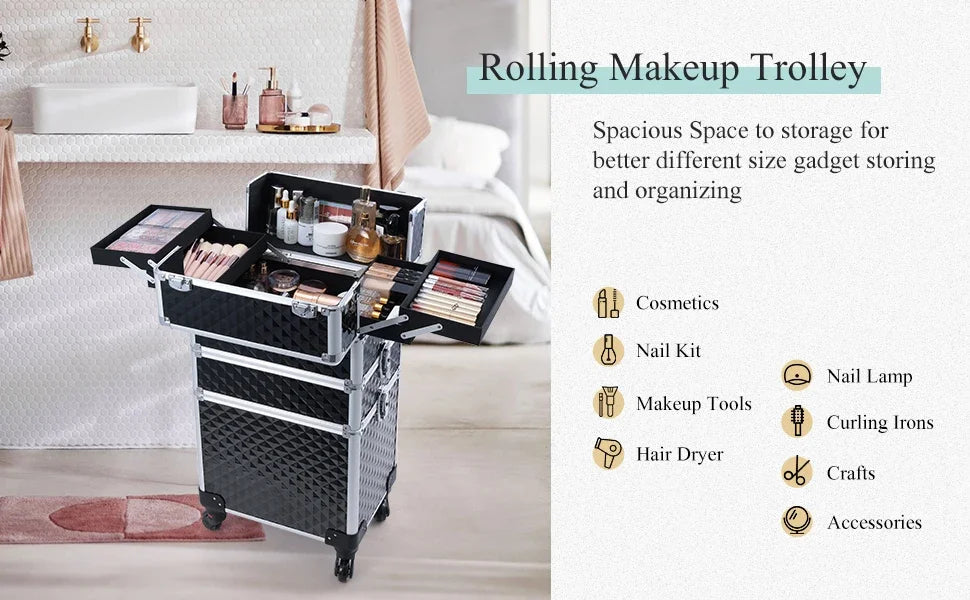Maxulene 3-in-1 rolling makeup trolley case by Nova Mart, with multiple compartments for salon makeup storage.