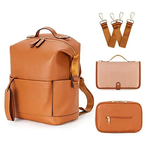Nova Mart PU leather diaper backpack with changing pad and insulated pockets, stylish and functional for parents on the go.
